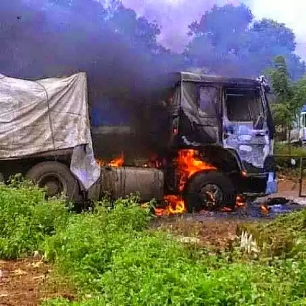 2 Dangote Trucks carrying cement Burn Down For Killing School Girl (See Photo)
