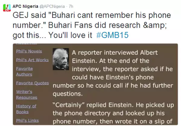 APC RESPONDS TO JONATHAN’S JOKE THAT BUHARI CAN’T EVEN MEMORIZE HIS OWN PHONE NUMBER!