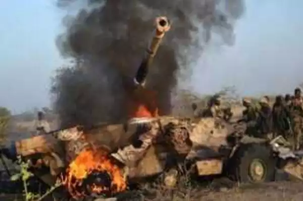 Boko Haram AFV in flames after it was bombed by troops (pic)
