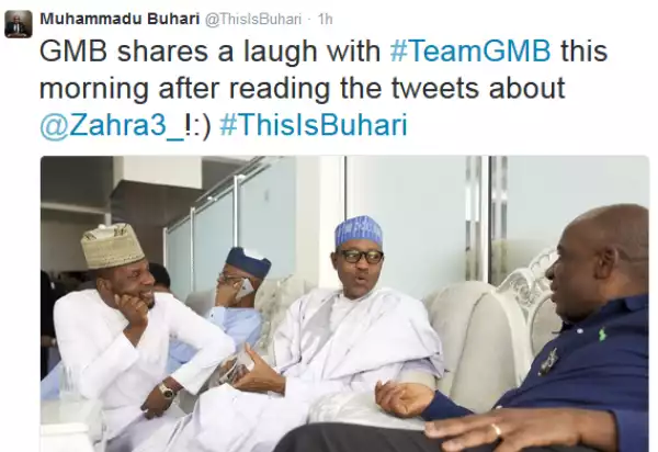 Buhari shares a laugh with his team after reading tweets about his daughter