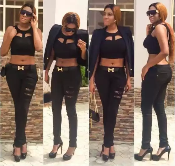 Chika Ike shows off midriff in all black