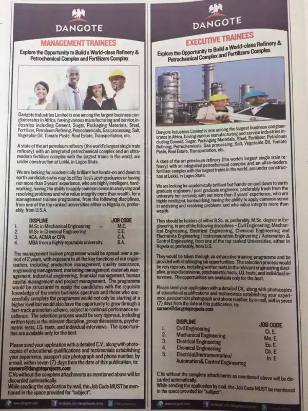 Dangote Refinery Recruitment To Close On 15th August