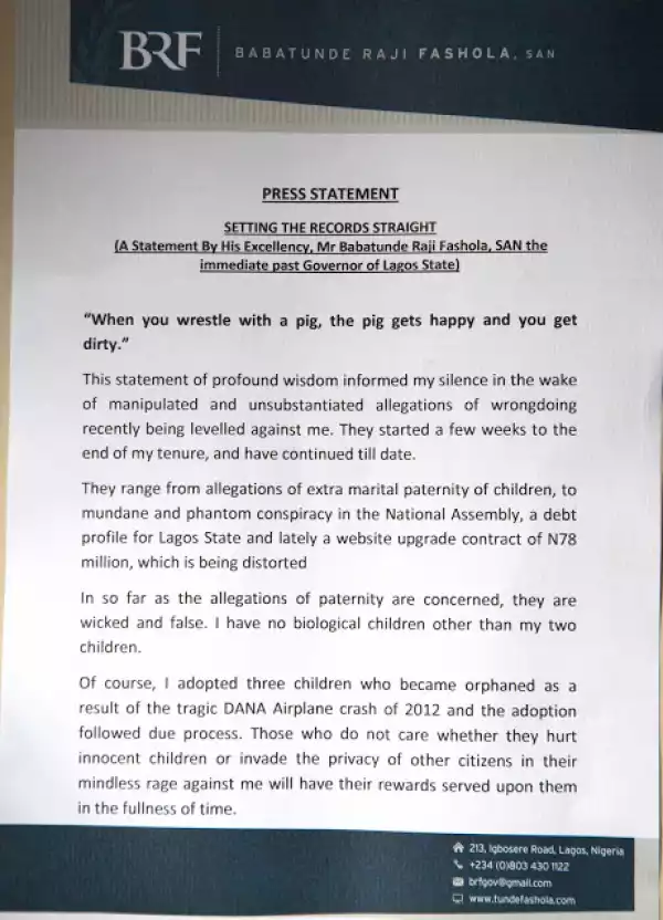 Former Governor Raji Fashola Released Official Press Statement On Website Allegations