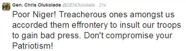 Gen. Olukolade mad at Niger troops/head, calls them out on Twitter