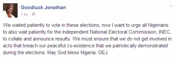 Gen Buhari And Pres. Jonathan Took To Social Media Handles To Call For Calm and Patience as INEC Collates The Results