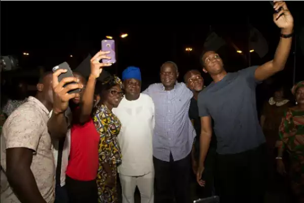 Gov. Fashola Celebrates With Ambode After His Election Victory