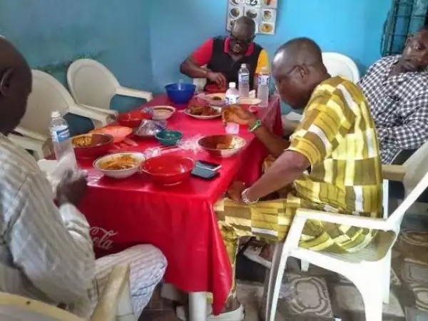 Governor Ayo Fayose spotted eating Amala at a Buka