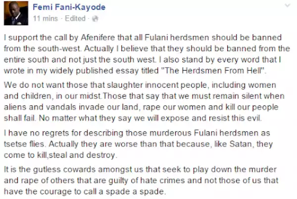 I have no regrets describing Fulani herdsmen as Tse tse flies - FFK