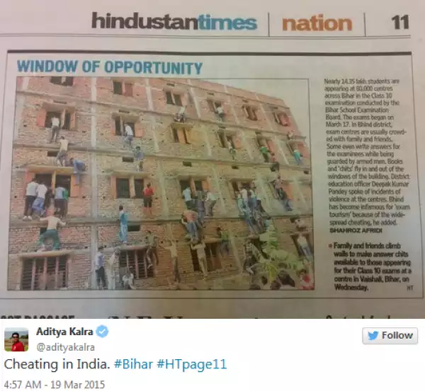 Indian parents climb school wall to help their kids cheat on an exam