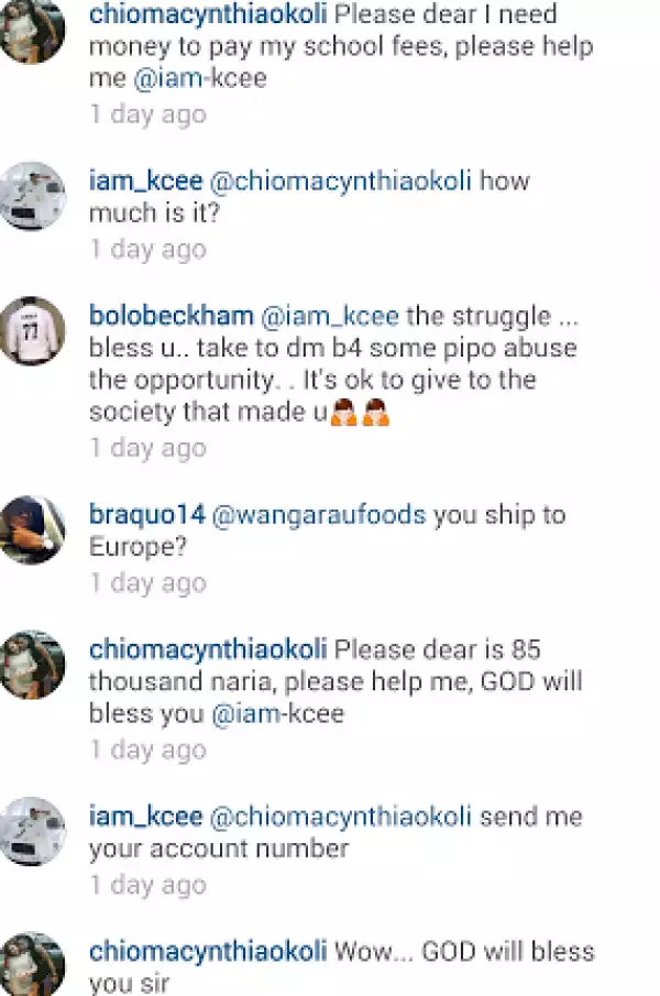 Kcee Pays School Fees For A Fan Via Instagram