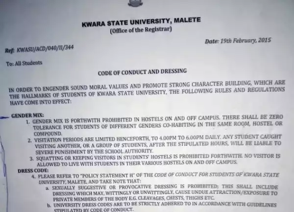 Kwara State University new Code of Conduct & Dressing