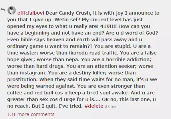 LMAO! Comedian Bovi Writes Open Letter To Candy Crush
