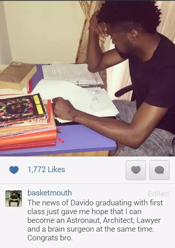Lol!! See What Basketmouth Wrote About Davido Graduating With First Class