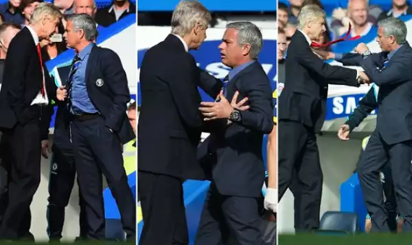 Lol! See moment Arsene Wenger pushed Mourinho during match today