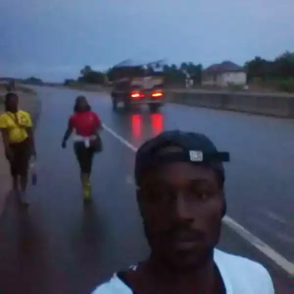 Man With Two Ladies Trekking For Jonathan Finally Arrive Bayelsa State