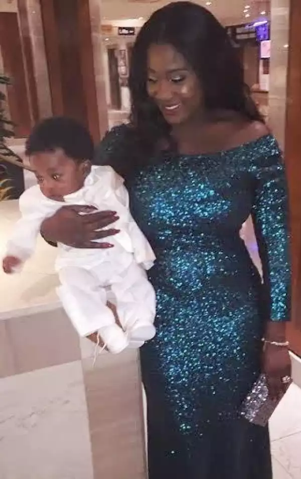 Mercy Johnson shows off her son in cute white suit..