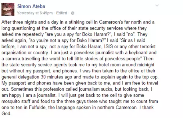 Nigerian Journalist, Simon Ateba Regains Freedom In Cameroon