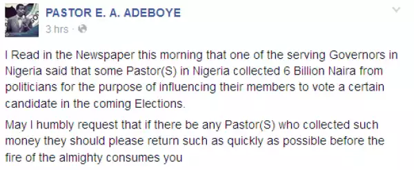 Pastor Adeboye reacts to alleged N6billion paid to pastors by PDPi