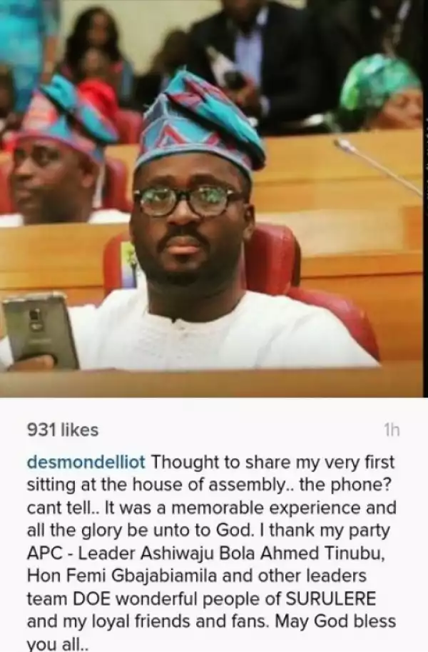 Photo: Desmond Elliot Shares First Photo Of Him Sitting At The Lagos House Of Assembly