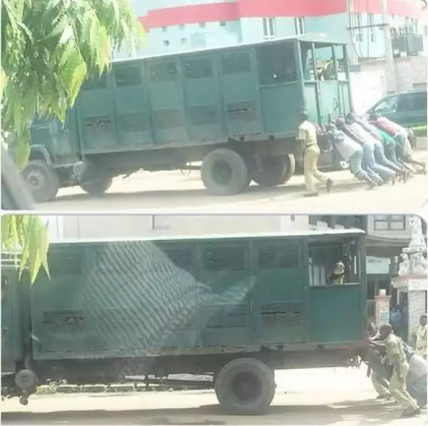 Photo: Nigerian Prison Service Truck With Prisoners Inside Being Pushed