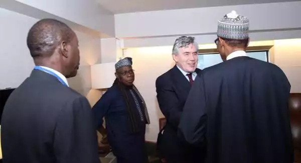 Photos: Buhari And Obasanjo Meet Gordon Brown In New York 