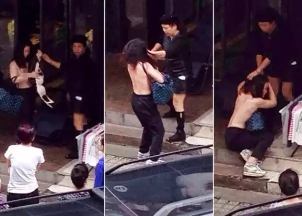 Photos: Woman stripped to the waist after being caught stealing by store owner
