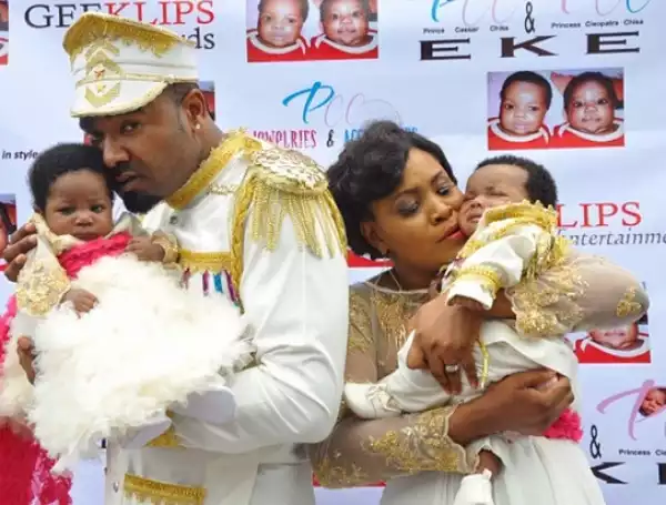 Prince Eke, Muma Gee Share Pics Of Their Twins’ Dedication