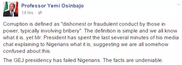Prof Osinbajo calls out GEJ over his comment about corruption