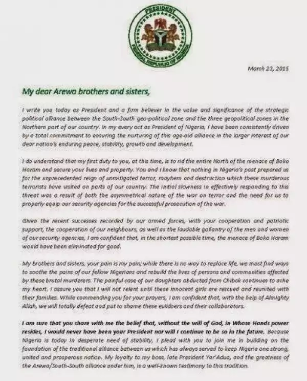 Read Letter President Jonathan Wrotes To Key Northern Citizens