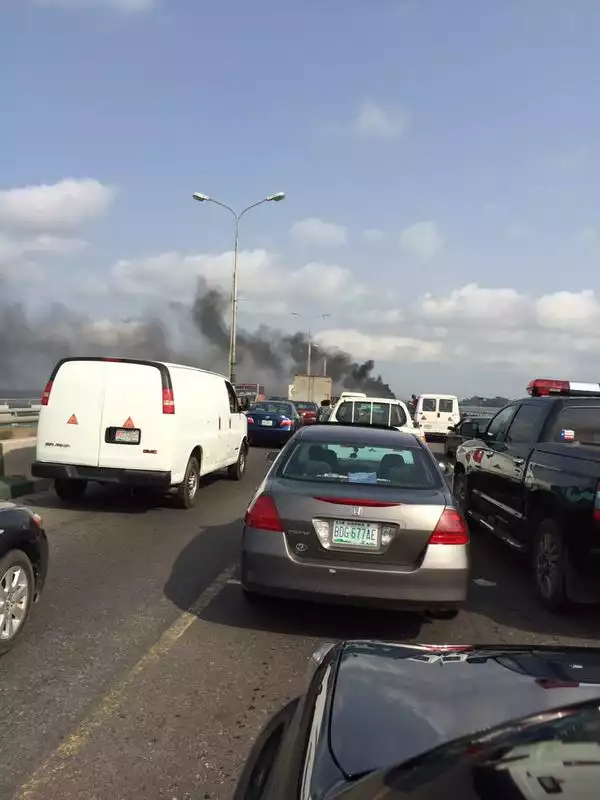 See Photo Of Burning Bus That Held 3rd Mainland Bridge On Stand Still Today