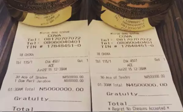 South Africa Based Nigerian Man Spends N5million On Drinks In A Lagos Club (See Receipt)