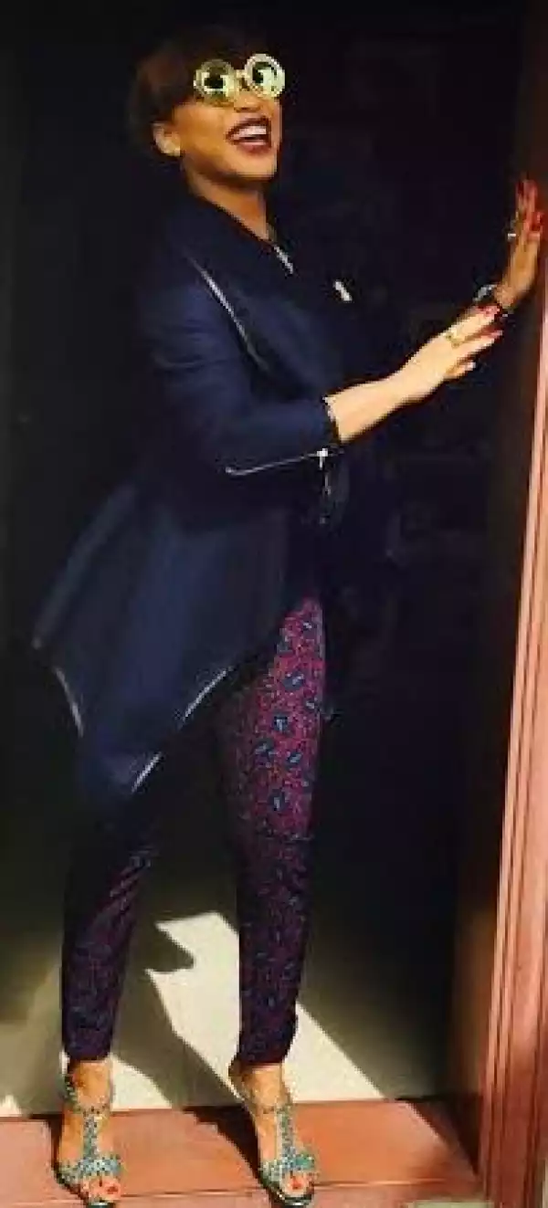 Tonto Dikeh steps out in stylish print pant& blue jacket