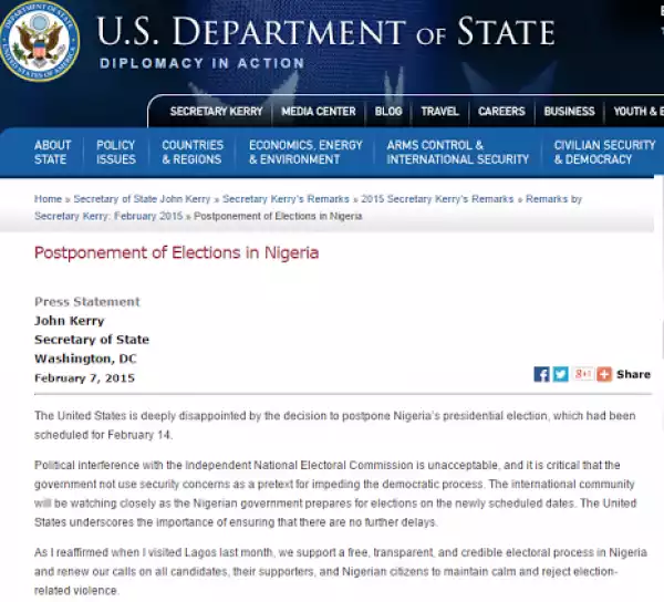 US Govt dissapointed over postponement of elections in Nigeria