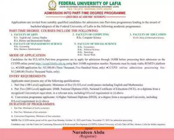 FULAFIA Centre for Continuing Education admission into Part Time degree, 2023/2024