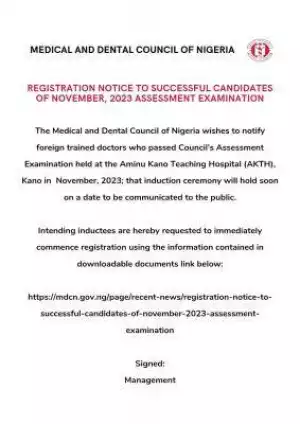 MDCN registration notice to successful candidates of November assessment exam - 2023