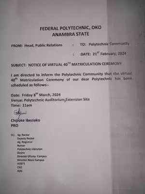 Fed Poly, Oko notice on 40th virtual matriculation ceremony