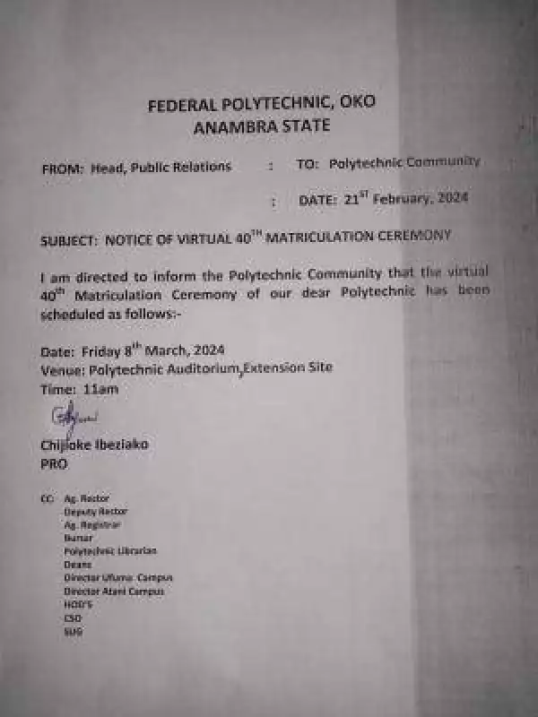 Fed Poly, Oko notice on 40th virtual matriculation ceremony