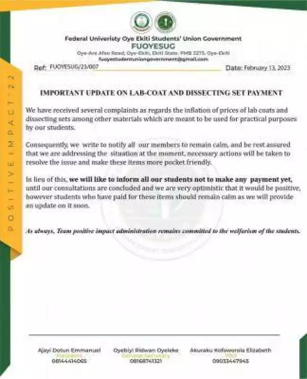 FUOYE SUG notice to students