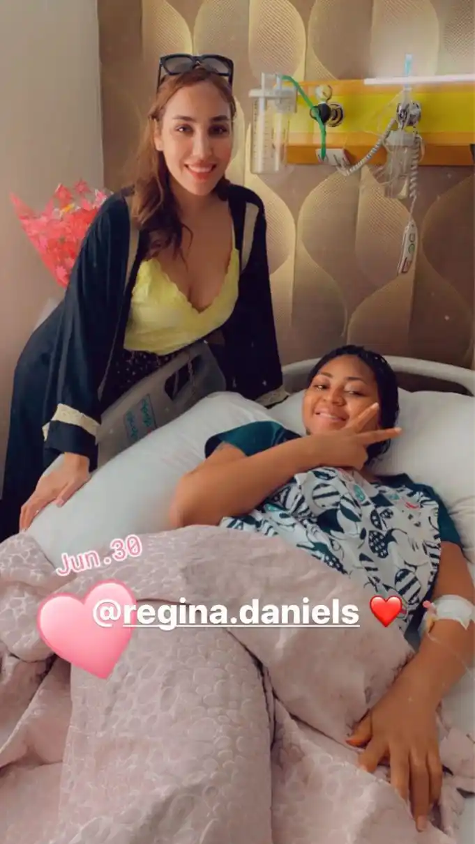 WATCH adorable moment Ned Nwoko’s Moroccan wife and kids visited Regina Daniels at the hospital