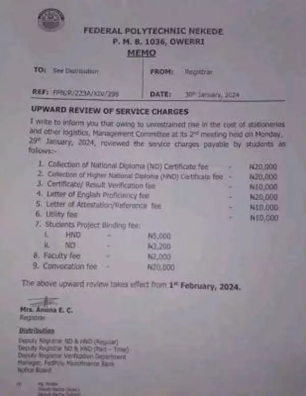 NEKEDEPOLY notice to students on upward review of service charges