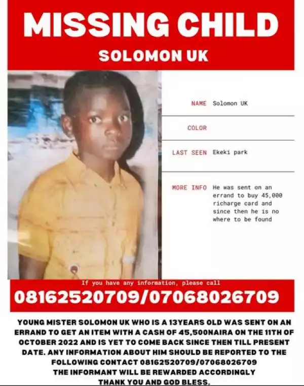 13-year-old Boy Sent On Errand With N45,500 Cash Goes Missing In Bayelsa