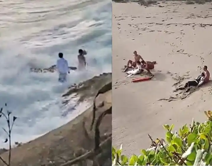 Moment newlyweds are rescued after a huge wave swept them into the sea while they were posing for their wedding photos (video)