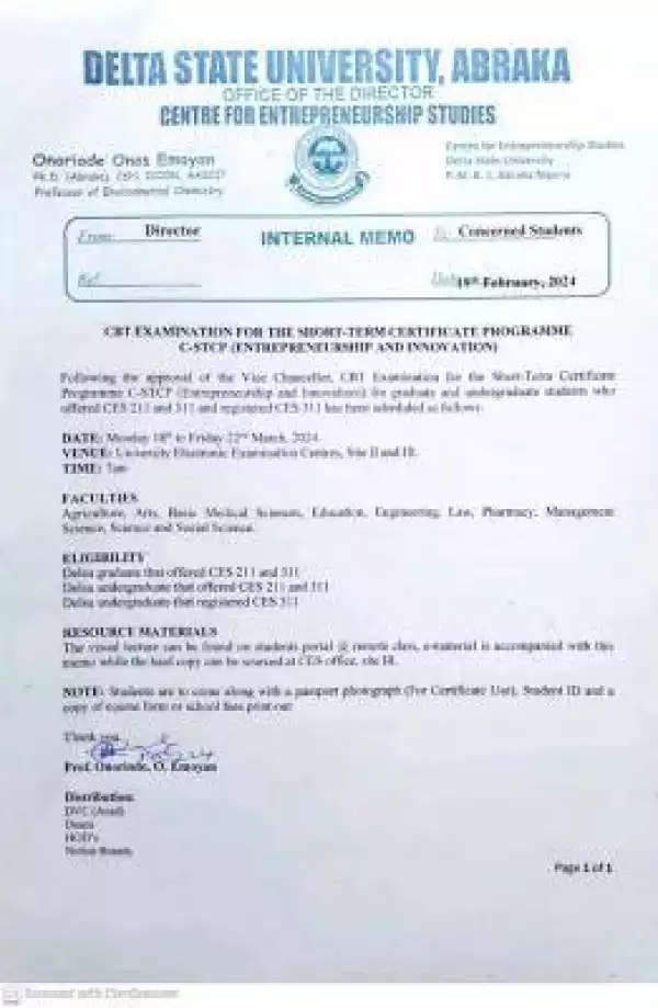 DELSU notice of CBT exam for short term certificate programme