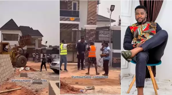 Drama as pranksters hire bulldozer to ‘demolish’ actor Onny Michael’s new house (Watch video)