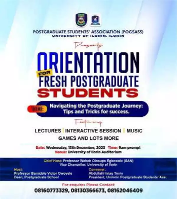 UNILORIN orientation for fresh postgraduate students to hold DEC 13