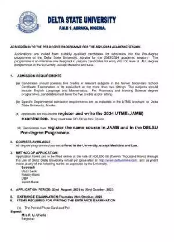 DELSU pre-degree admission form for 2023/2024 session