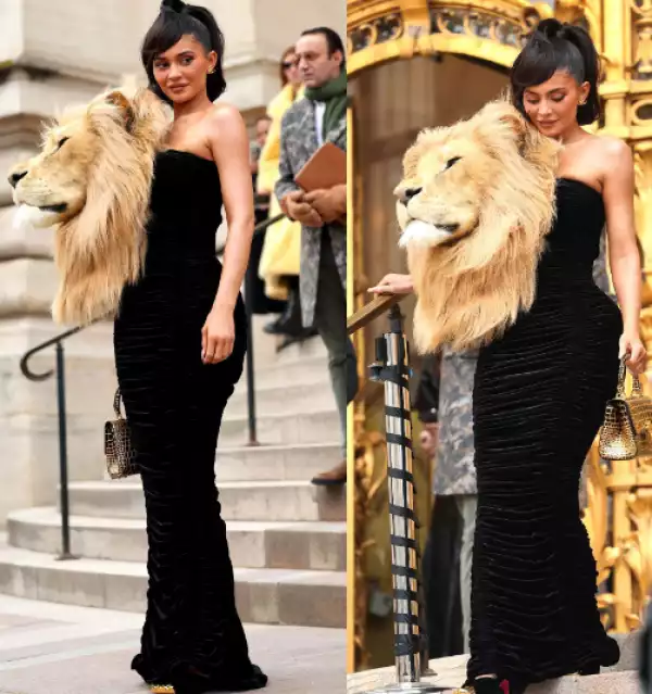 Kylie Jenner wears lion head dress at the Schiaparelli Fashion show in Paris