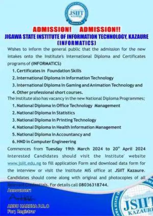 Jigawa Institute of Information Tech, Kazaure admission form - 2024