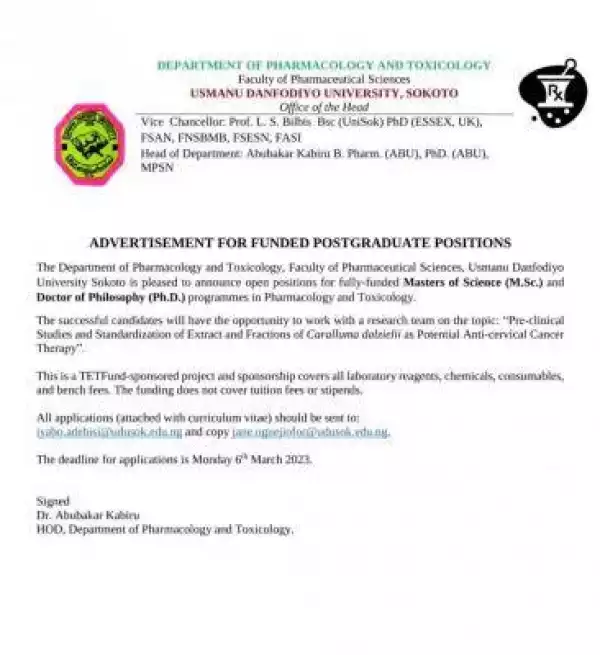 UDUSOK Department of Pharmacology and Toxicology advertisement for funded postgraduate positions
