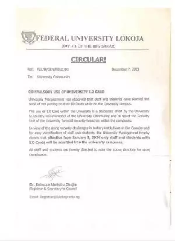 FULOKOJA notice to the university community on compulsory use of ID CARD